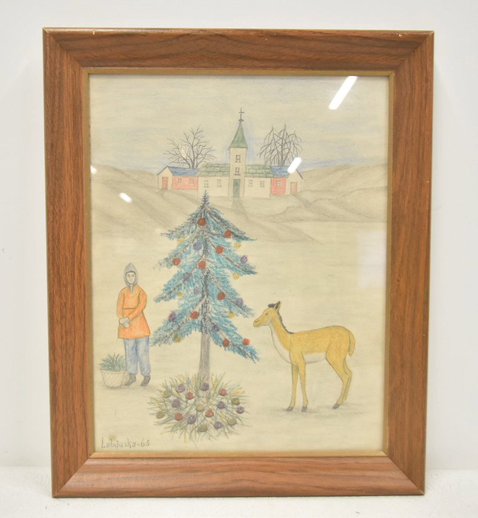 LAWRENCE LEBDUSKA , FOLK ART CRAYON & PENCIL: LAWRENCE LEBDUSKA (AMERICAN, 1894-1966) FOLK ART PENCIL & CRAYON DRAWING , TITLED "CHRISTMAS , 1965" , INFO INVERSO , SIGNED LEBDUSKA - 10 1/2' x 13 1/2' ; 13 1/2" x 16 1/2" OVERALL FRAMED