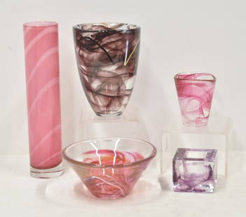 (5)pc KOSTA BODA ART GLASS LOT: ANNA EHRNER FOR KOSTA BODA PINK TWIST CYLINDER VASE - 13 1/2" / ANNA ERHNER FOR KOSTA BODA ART GLASS VASE - 7 3/4" / KOSTA BODA ART GLASS CANDLE STICK / (2) KOSTA BODA ART GLASS PINK SWIRL BOWL & CUP