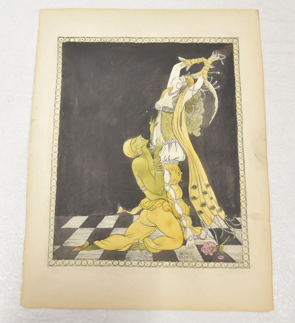GEORGE BARBIER , WATERCOLOR ART DECO DANCERS: GEORGES BARBIER (1882-1932) WATERCOLOR OF ART DECO FLAPPER DANCERS EMBRACING , SIGNED BARBIER , 1921 - 12 3/4" x 16 1/2" UNFRAMED