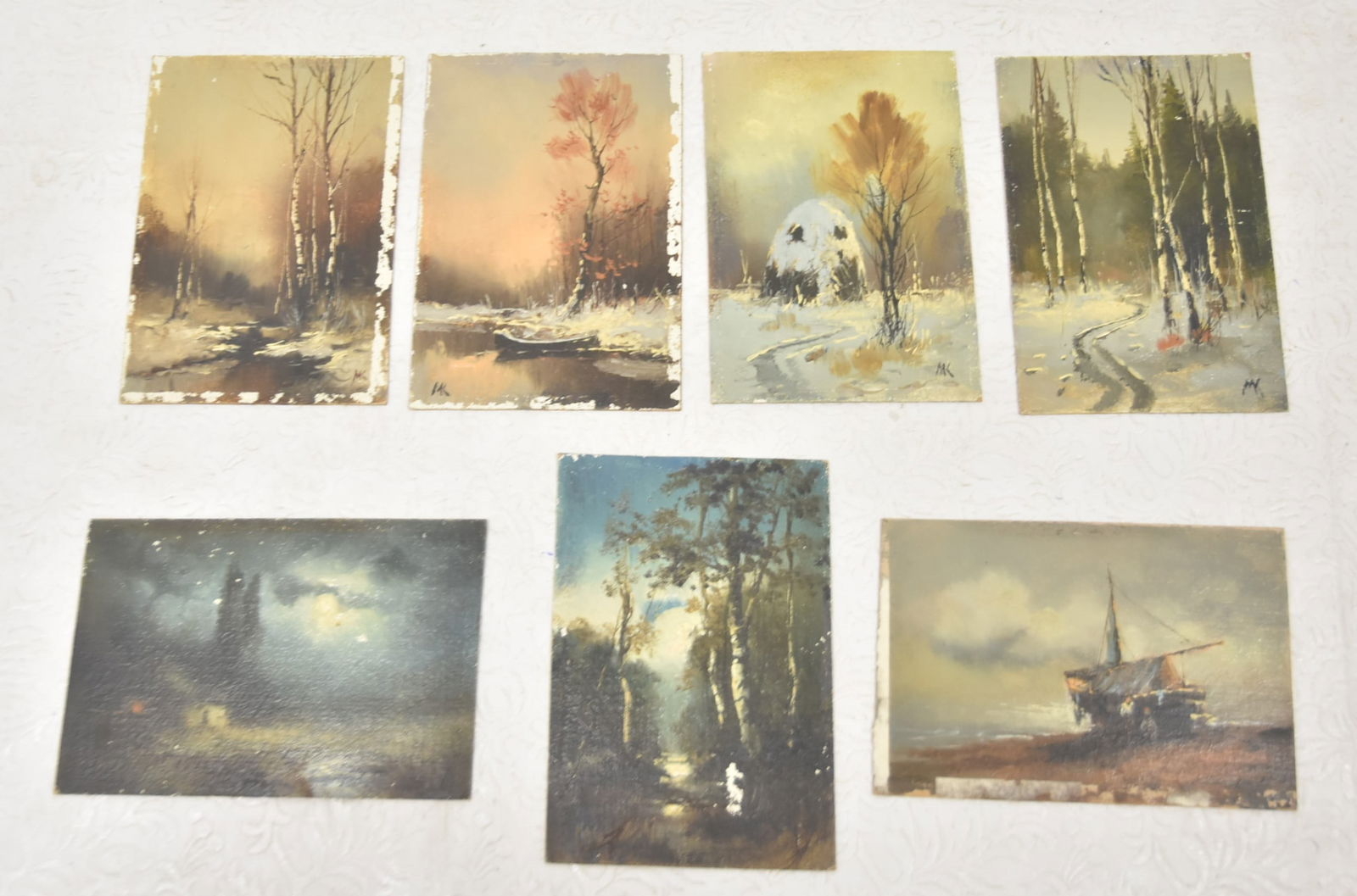 (7) RUSSIAN OIL ON BOARD LANDSCAPES: (7) RUSSIAN ? MINIATURE OIL ON BOARD LANDSCAPES , MONOGRAMMED - 3 1/2' x 5 1/4"