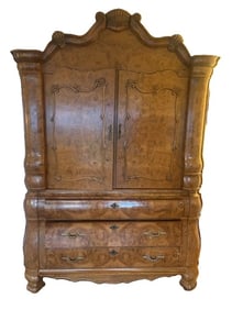 LARGE DUTCH STYLE BURL LINEN PRESS CABINET