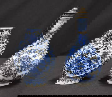 (2) CHINESE BLUE & WHITE PORCELAIN BOTTLES: CHINESE BLUE AND WHITE PORCELAIN MOON FLASK WITH DRAGONS - 4 1/2" x 1 /2" x 6 1/4" / CHINESE BLUE & WHITE PEAR SHAPE BOTTLE VASE DECANTER WITH LOTUS FLOWERS & METAL LID - 3 1/2" x 8 1/2"
