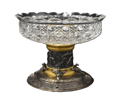 SILVER PLATE & CUT GLASS PEDESTAL BOWL: ANTIQUE CUT GLASS CENTERPIECE BOWL WITH FINE SILVER PLATE BASE WITH MYTHOLOGICAL FIGURES & CARYATIDS - 9" x 7: