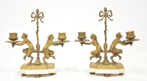 PAIR ANTIQUE BRONZE FAUN CANDLEBRAS