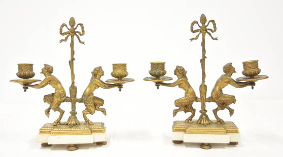 PAIR ANTIQUE BRONZE FAUN CANDLEBRAS: PIAR 19th CENTURY BRONZE NAPOLEON III STYLE COUPLE OF FAUNS HOLDING CANDLESTICKS - 9" x 3" x 10" (ONE HAS REPLACED FOOT)