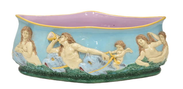GEORGE JONES MAJOLICA LARGE CENTERPIECE: GEORGE JONES MAJOLICA LARGE MYTHOLOGICAL CENTERPIECE - 22" x 11" x 8" (COUPLE FLAKES ON RIM & CHIP OFF OF 3D HORN )