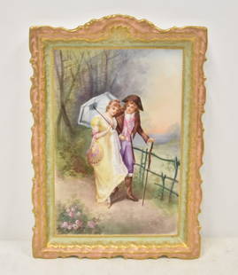 LIMOGES HAND PAINTED PORCELAIN PLAQUE: HAND PAINTED COIFFE ET CIE LIMOGES PORCELAIN PLAQUE OF COURTING COUPLE WALKING - 10" x 14" COIFFE ET CIE LIMOGES PORCELAIN