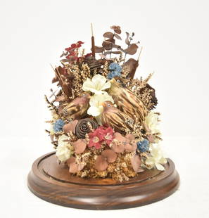 ANTIQUE TAXIDERMY BIRD DOME AVIARY: ANTIQUE TAXIDERMY BIRD DOME AVIARY WITH (3) BIRDS SURROUNDED BY FLOWERS ; UNDER DOME - 10" x 14"