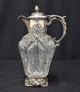 STERLING SILVER & CUT GLASS DECANTER: ANTIQE PIERCED STERLING SILVER MOUNTED CUT GLASS DECANTER - 6" x 4" x 11" (STERLING BASE HAS LOSS)