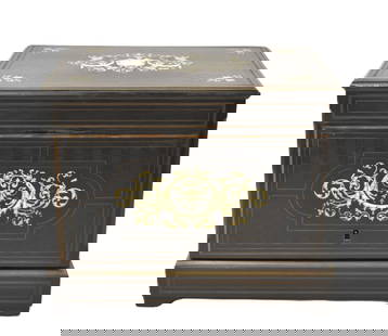 ANTIQUE BONE INLAID TANTALUS BOX: ANTIQUE NAPOLEON III EBONISED WOOD TANTALUS BOX WITH INLAID BONE CRESTS & BIRDS - 13 1/2" x 10" x 11"