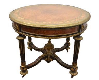 FINE FRENCH LXVI BRONZE MOUNTED CENTER TABLE: 19thC FRENCH LXVI PARQUETRY INLAID MAHOGANY CENTER TABLE WITH FINE BRONZE MOUNTS HAVING PARQUETRY INLAY SCROLLS & FOLIATE - 40" x 31"