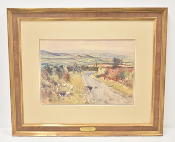 PETER BIEGEL , WATERCOLOR FOXHOUNDS CROSSING