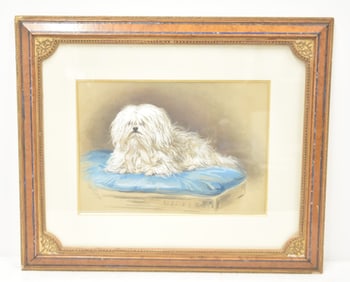 CONTINENTAL SCHOOL PASTEL OF MALTESE ON CUSHION