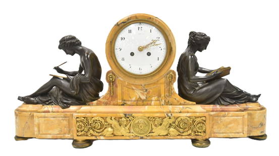 TIFFANY & Co. SIENA MARBLE & BRONZE MANTLE CLOCK: TIFFANY & Co. LARGE SIENA MARBLE EMPIRE STYLE MANTLE CLOCK WITH (2) PATINATED BRONZE RECLINING READING WOMEN FLANKING CLOCK WITH CHARLES HOUR FRENCH MOVEMENT ; HAVING GILDED BRONZE APPLIED PLAQUE WITH