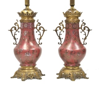 PAIR OF BOCH FRERES BRONZE & PORCELAIN LAMPS