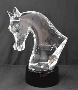 LALIQUE CRISTAL HORSE HEAD SCULPTURE: Large Marc Lalique Crystal Horse's Head Sculpture designed in 1953 and handcrafted in France, titled "Tete de Cheval", engraved signature: "Lalique France". h. 14-7/8", w. 14-3/4", d. 5-1/2" RAISED ON