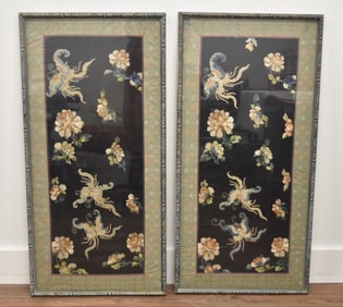 PAIR LARGE CHINESE SILK EMBROIDERY NEEDLEWORKS