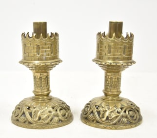 BRONZE GOTHIC CASTLE FORM CANDLESTICKS