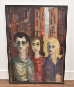 LYNN ZOE , OIL ON CANVAS 3 FIGURES & BUILDINGS