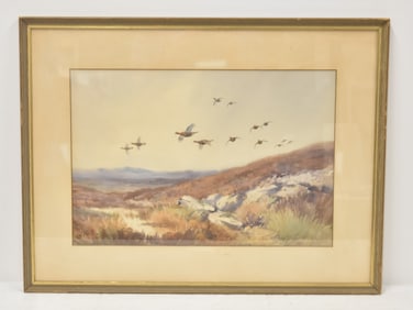 ROLAND GREEN , WATERCOLOR OF BIRDS OVER MARSH