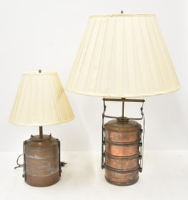 (2) ANTIQUE BRASS TIFFIN BOX LAMPS