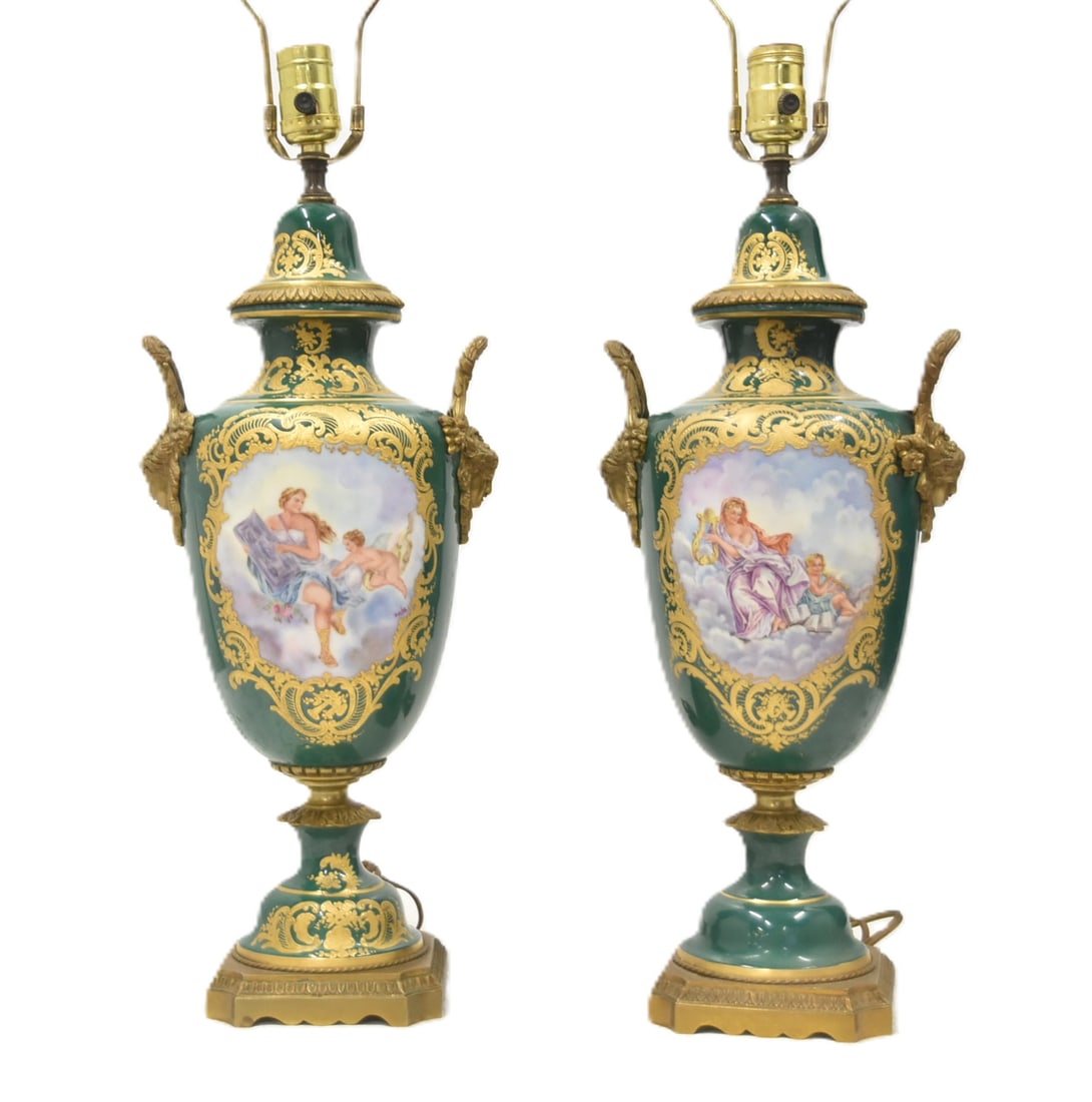 PAIR GREEN SEVRES PORCELAIN LAMPS (1 of 15)