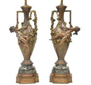 PAIR AUGUSTE MOREAU BRONZE URN LAMPS