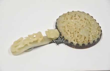 19thC CHINESE WHITE JADE HAND MIRROR