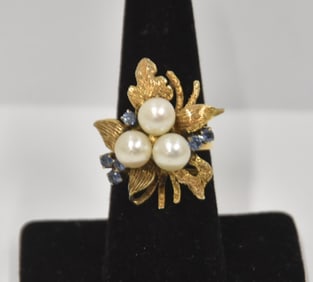 14kt GOLD PEARL CLUSTER FLOWER FORM RING