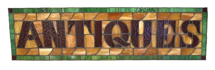 VINTAGE "ANTIQUES" LEADED GLASS STORE SIGN
