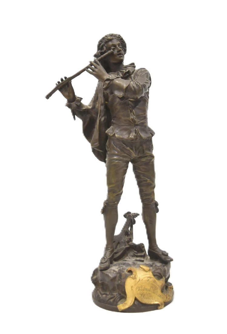 ADRIEN ETIENNE GAUDEZ , FLUTIST BRONZE: ADRIEN ETIENNE GAUDEZ (1842-1902) "PASTORALE WATTEAU" BRONZE SCULPTURE OF MAN PLAYING THE FLUTE , WITH SERIAL NUMBER - 6" x 5" x 13 1/2"