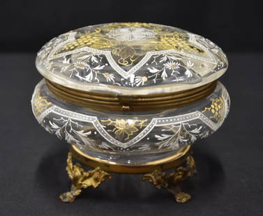 VICTORIAN ENAMELED GLASS DRESSER BOX: ANTIQUE VICTORIAN ENAMELED GLASS & BRONZE DRESSER BOX WITH BRONZE FFET - 6" x 5"
