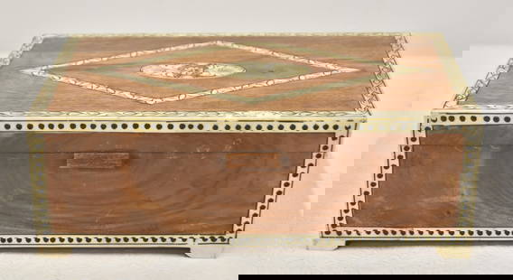 ANTIQUE BONE INLAID DRESSER BOX: ANTIQUE BONE INLAID DRESSER BOX - 12" x 7" x 4"