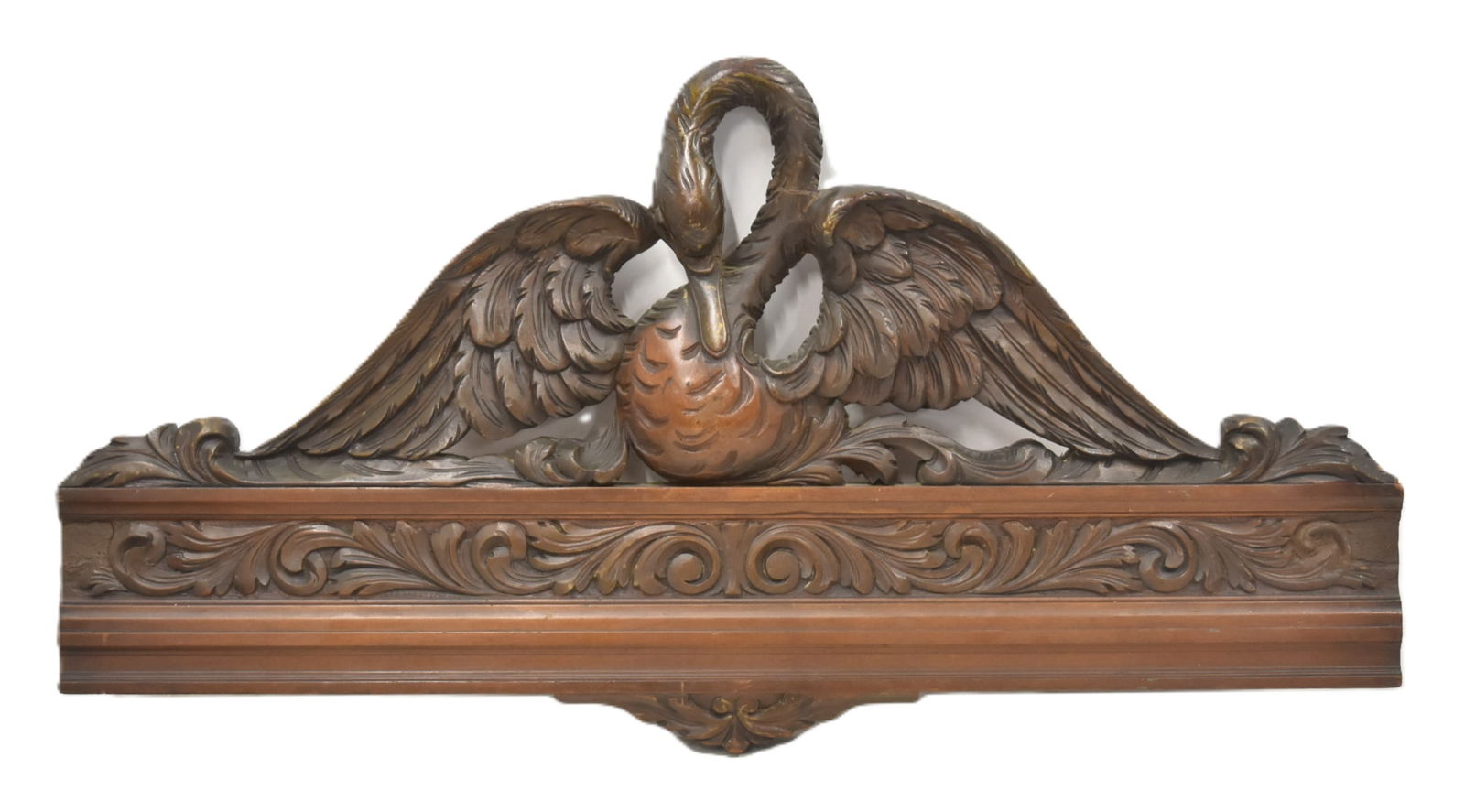 LARGE CARVED MAHOGANY SWAN WALL ELEMENT: LARGE CARVED MAHOGANY ARCHITECTURAL WALL ELEMENT WITH SWAN HAVING SPREAD WINGS - 39" x 20"