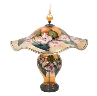 CHARLES LOTTON LARGE MULTI FLORA ART GLASS LAMP: CHARLES LOTTON (AMERICAN, b. 1935) MULTI FLORA ART GLASS TABLE LAMP LARGE MULTI FLORA ART GLASS TABLE LAMP WITH PINK FLOWERS ON IRIDESCENT YELLOW GROUND SIGNED CHARLES LOTTON , 1997 MULTI FLORA LAMP
