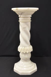 MARBLE SWIRL COLUMN PEDESTAL: MARBLE SWIRL COLUMN PEDESTAL WITH ACANTHUS LEAVES - 12" x 31 1/2" (CHIP ON SWIRL)