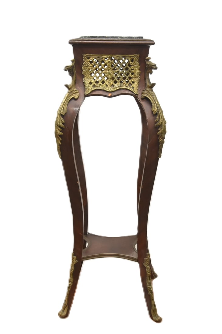 TALL FRENCH STYLE BRONZE MOUNTED STAND: TALL FRENCH STYLE PEDESTAL WITH BRONZE MOUNTS & GREEN MARBLE TOP ; HAVING BRONZE MOUNTED SERPENTS & BIRDS WITH RETICULATED PANELS - 16" x 16" x 44" (SOME VENEER LOSS)
