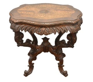 HEAVILY CARVED WALNUT & BURL PARLOR TABLE