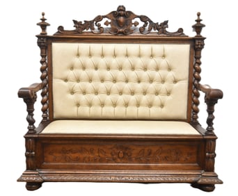 ANTIQUE CARVED OAK HALL BENCH