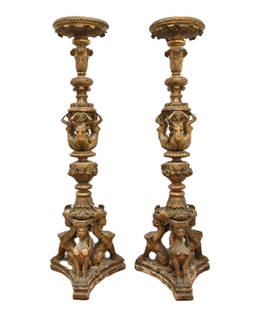 PAIR 19thC LOUIS XVI STYLE GILTWOOD PEDESTALS: LARGE PAIR LOUIS XVI STYLE 19th CENTURY GILT WOOD PEDESTALS WITH FEMALE CARYTIDS , CHERUBS & WINGED FEMALE CARYTIDS ON BASE - 18" x 21" x 70" (SOME MINOR LOSSES & LOSS TO WINGS ON BASE)