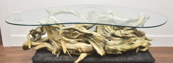 VINTAGE DRIFTWOOD COFFEE TABLE WITH GLASS TOP