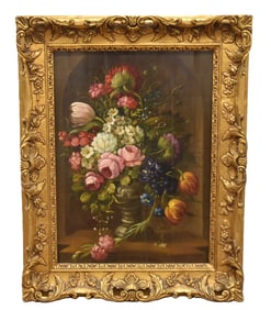 ANTIQUE OIL ON CRADDLED PANEL FLOWER STILL LIFE