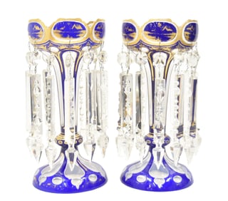PAIR OF BOHEMIAN COBALT BLUE OVERLAY LUSTRES