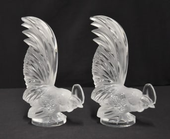 PAIR OF LALIQUE ROOSTER PAPERWEIGHTS