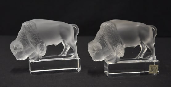PAIR LALIQUE BUFFALO BISON PAPERWEIGHTS
