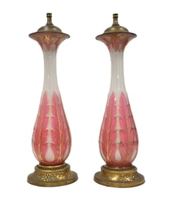 PAIR ANTIQUE BOHEMIAN OVERLAY VASE LAMPS