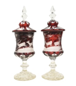 PAIR ANTIQUE BOHEMIAN ETCHED GLASS POKALS