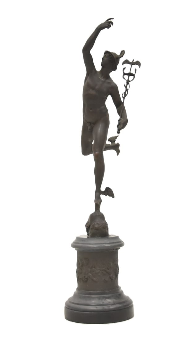 JEAN de BOLOGNA BRONZE MERCURY: AFTER JEAN DE BOLOGNE ; GIAMBOLOGNA France/Italy, 1524-1606 ANTIQUE GRAND TOUR ERA BRONZE MODEL OF MERCURY HOLDING CADUCEUS STANDING ATOP CHERUB FACE WITH MOLDED BRONZE RELEIF PLAQUE AROUND MARBLE PLY