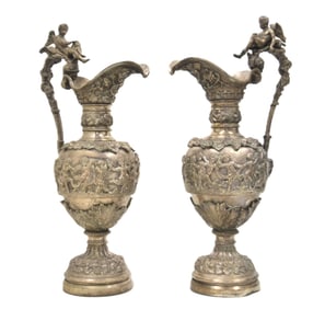 PAIR 19thC SILVER GILT BRONZE CHERUB EWERS