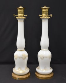 PAIR ANTIQUE OPALINE OIL LAMPS